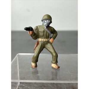 Vintage WWII Painted Plastic Toy Soldier Wearing A Gas Mask Weapon